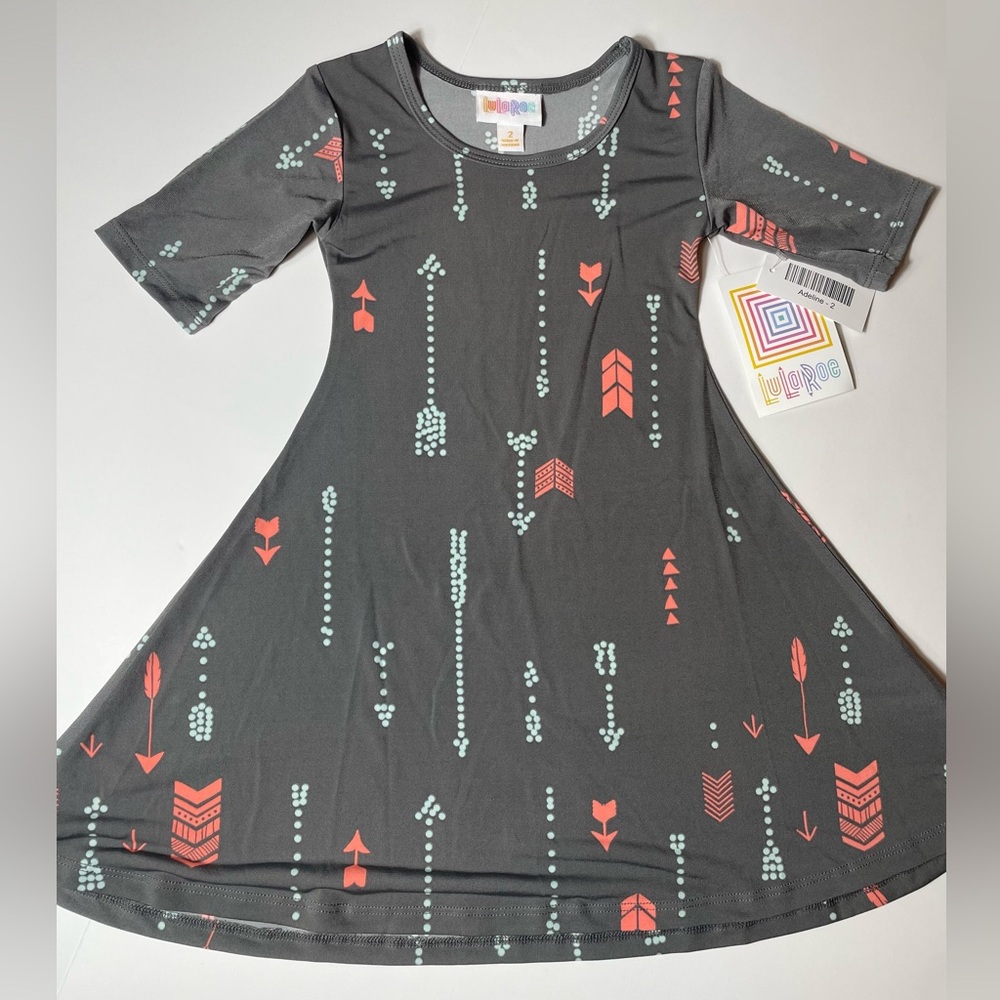 LuLaRoe Kids Adeline Dress - Gray with Coral and Blue Arrows
